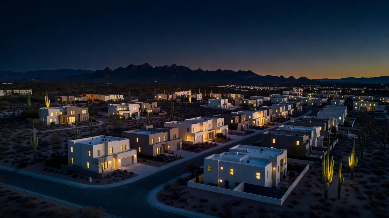 Aerial view of a new Tucson master-planned community at dusk