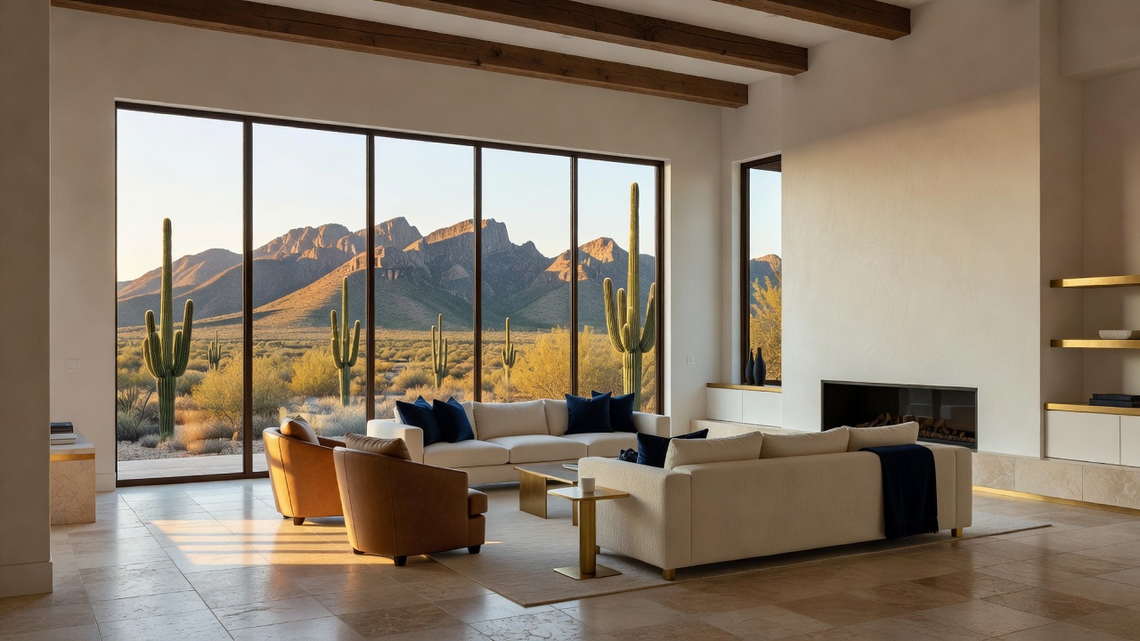 Golden-hour great room with desert and mountain view through a window wall