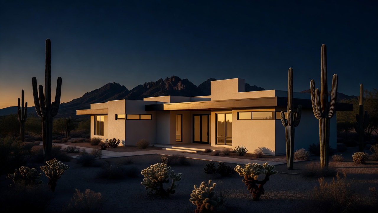 New desert-modern home in the Tucson foothills at blue hour, warm lights glowing